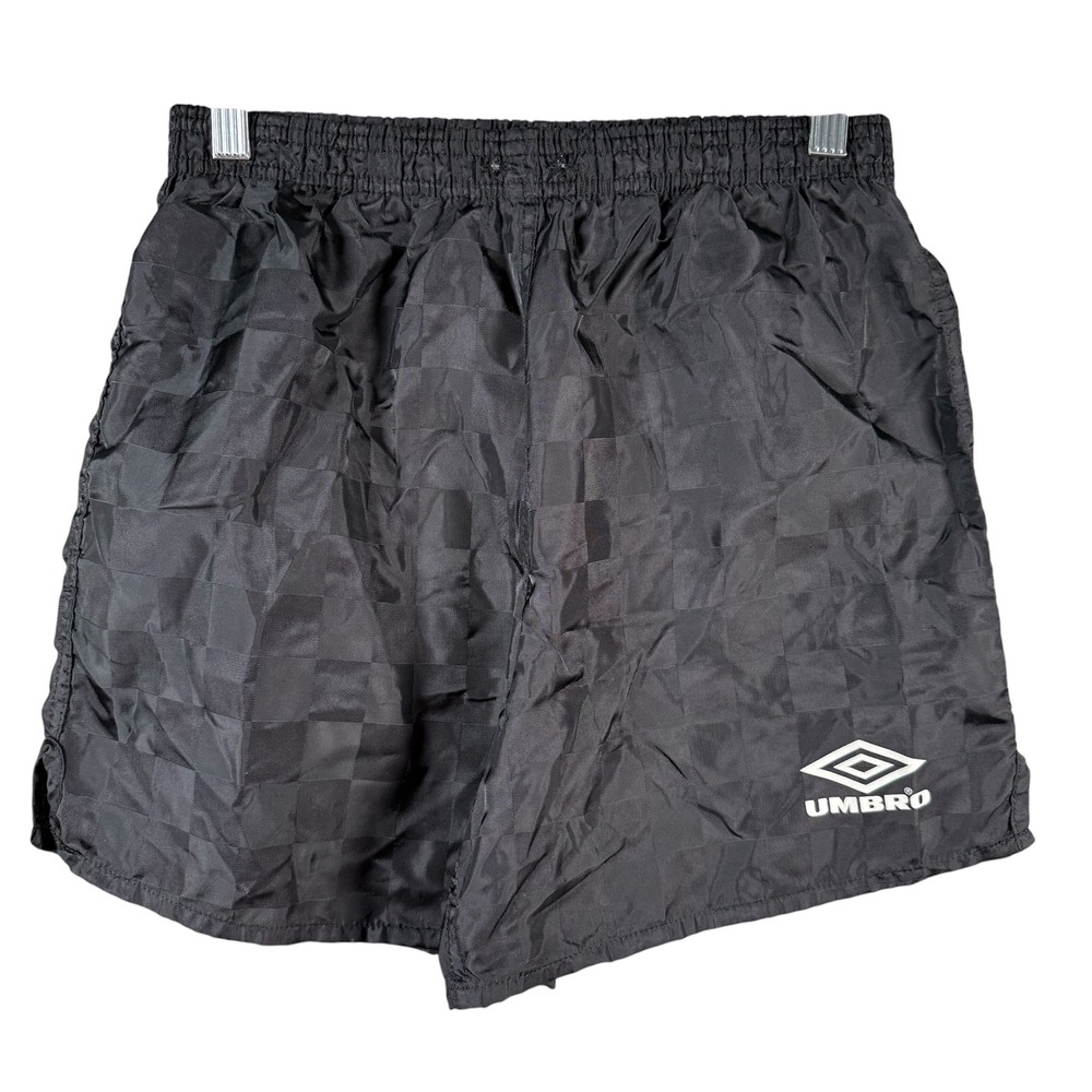Umbro Checkerboard Soccer Shorts Kids YL Black Nylon Vintage 90s Made in USA